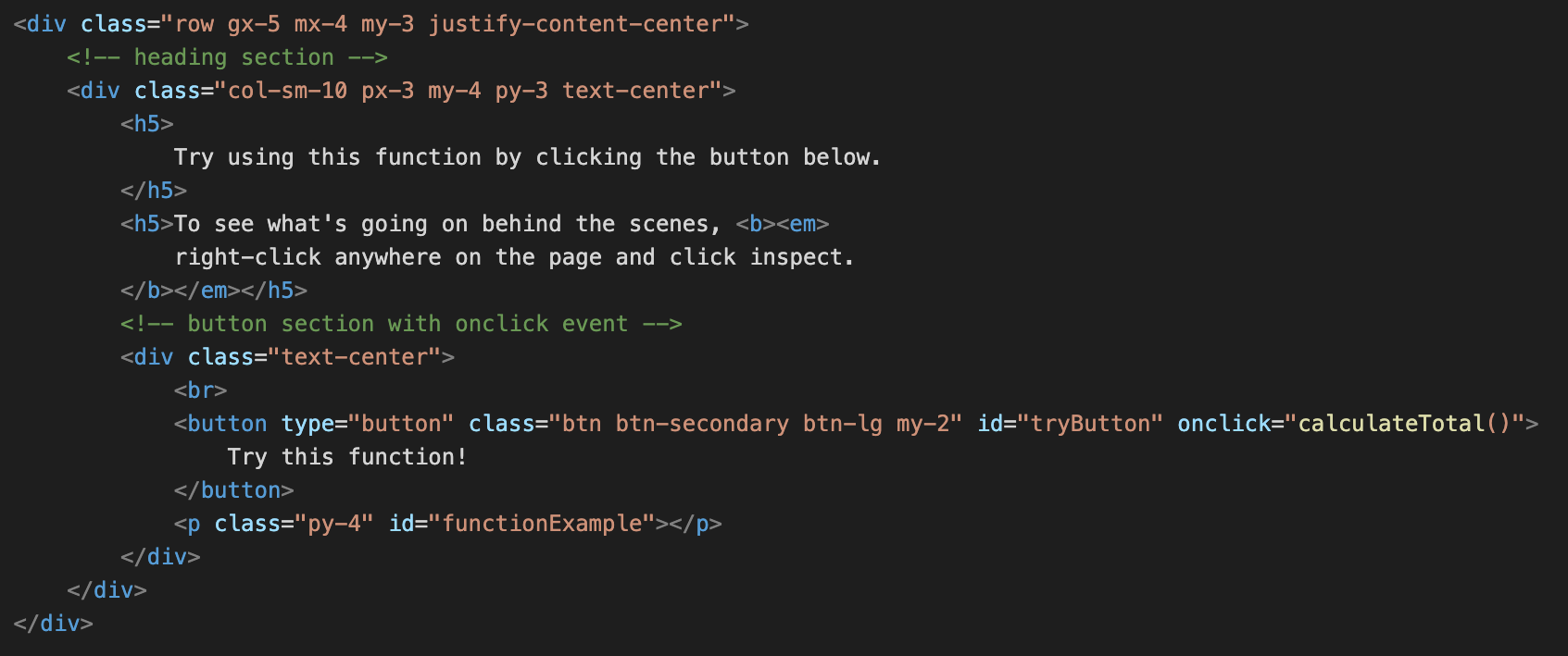 HTML code example of an onclick event that calls a JS function.