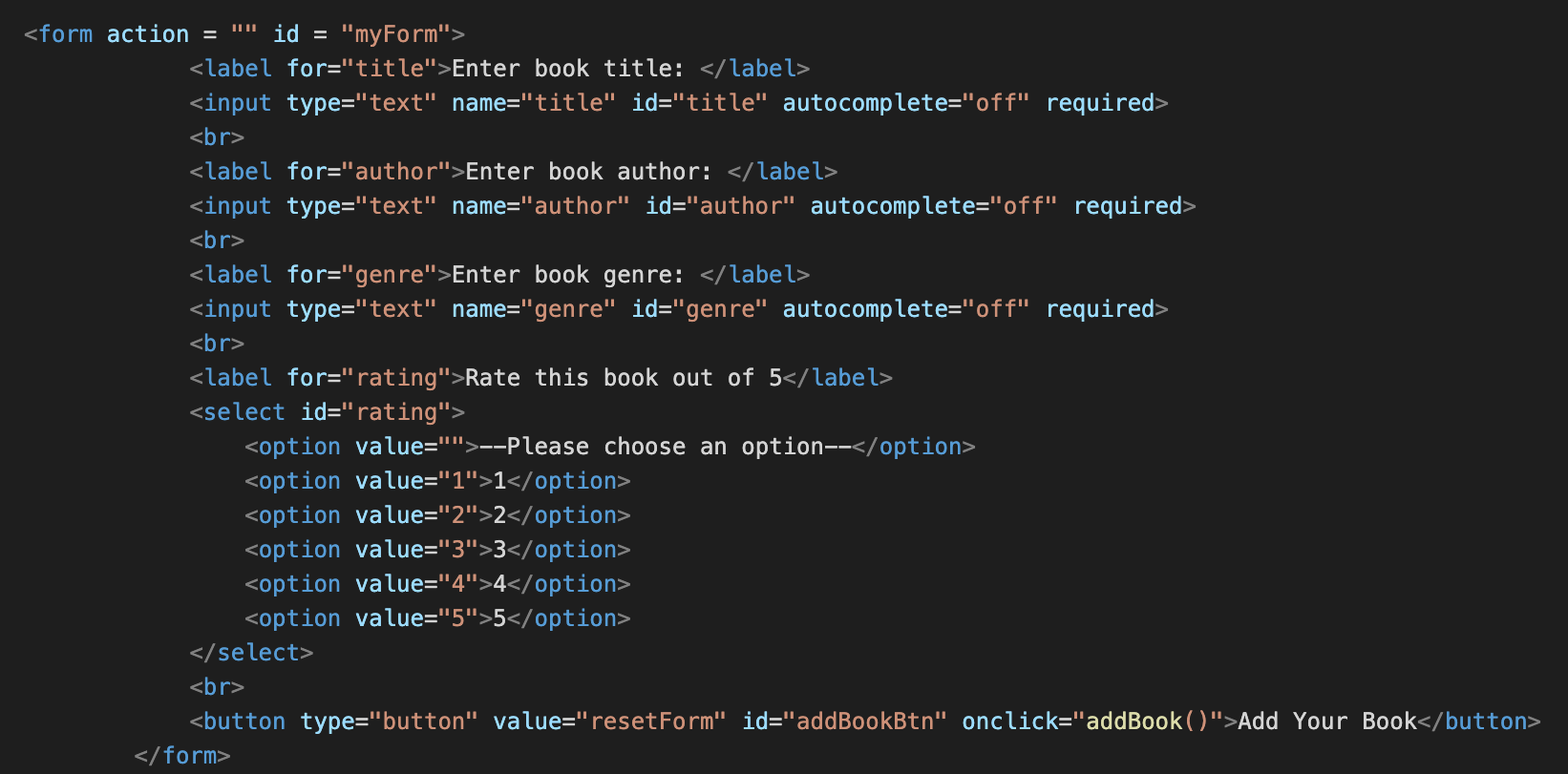 HTML code example of an onclick event that calls a JS function.