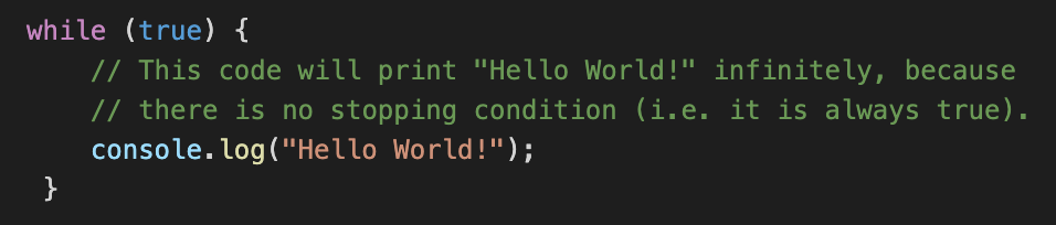 JavaScript example of an infinte 'while loop'.