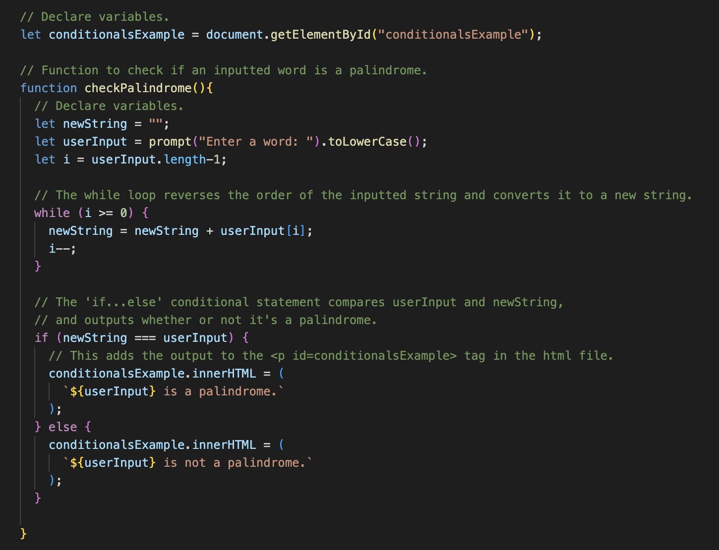 JavaScript Code: function with conditional statements.