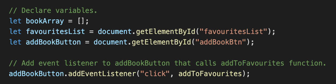 JavaScript code example of an event listener.