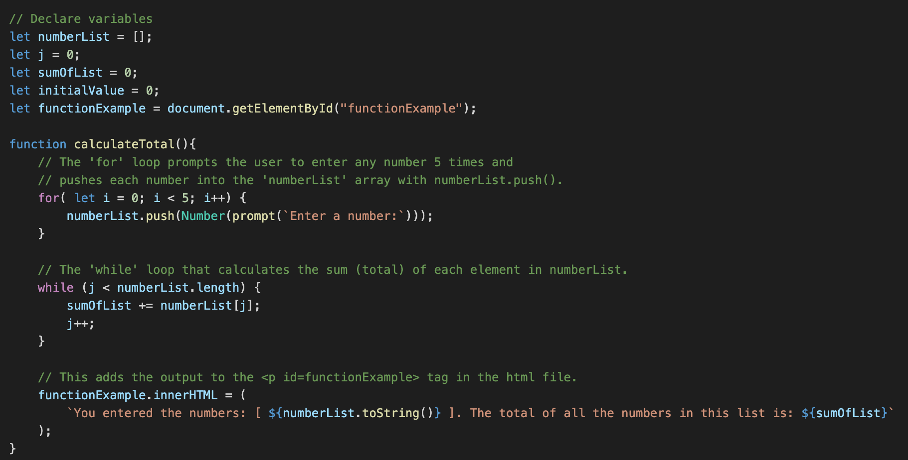 JavaScript code example of a function to calculate the sum of an array.
