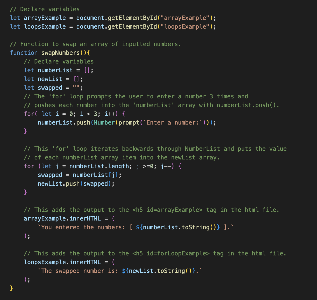 JavaScript Code: function with for loop.