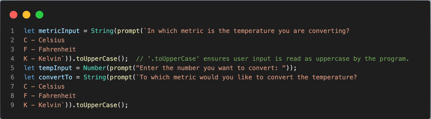 JavaScript Code declaring variables with let keyword.