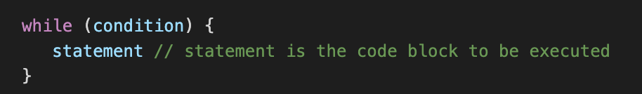 JavaScript syntax for 'while loop'.